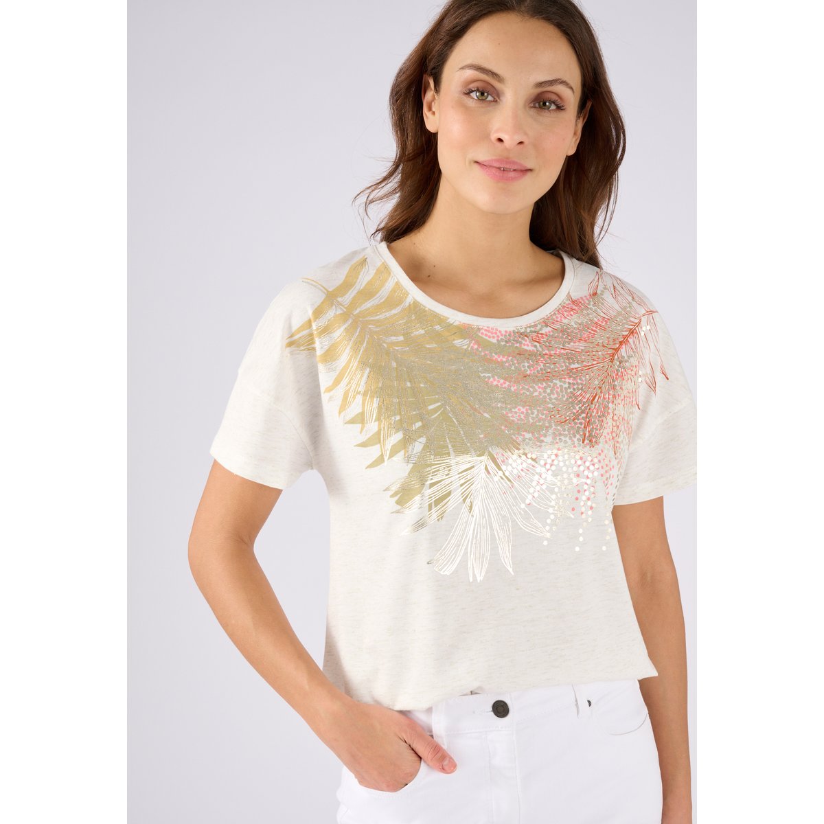 T-shirt motif placé fil brillant marron ivoire, DAMART