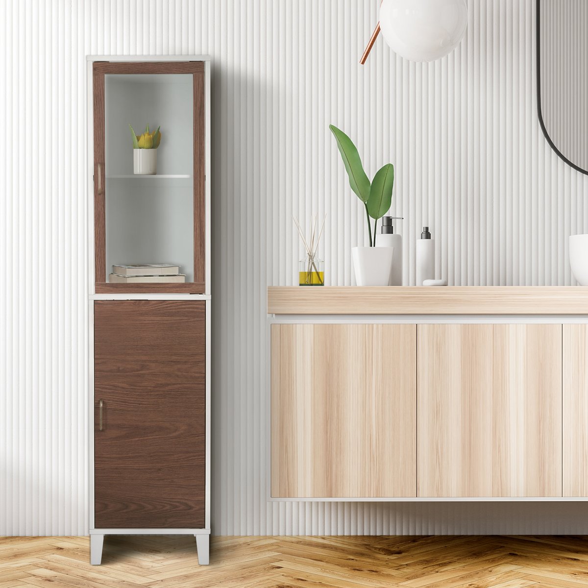 Grande armoire et effet noyer avec portes et étagères réglables, Blanc, TYLER couleur unique, TEAMSON HOME