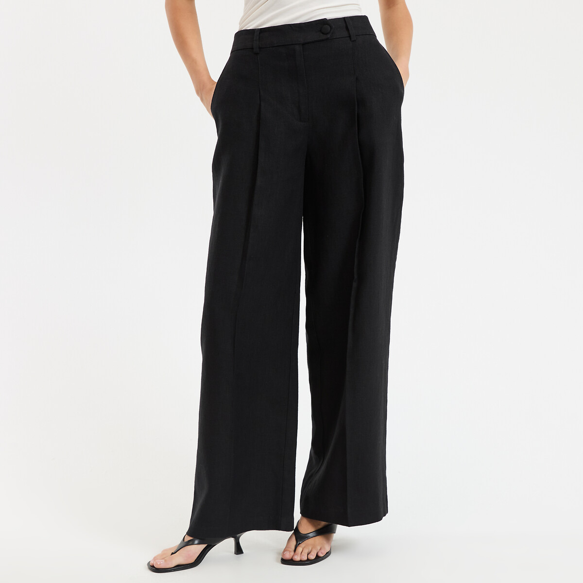 Pantalon large à pinces en lin noir, LA REDOUTE COLLECTIONS