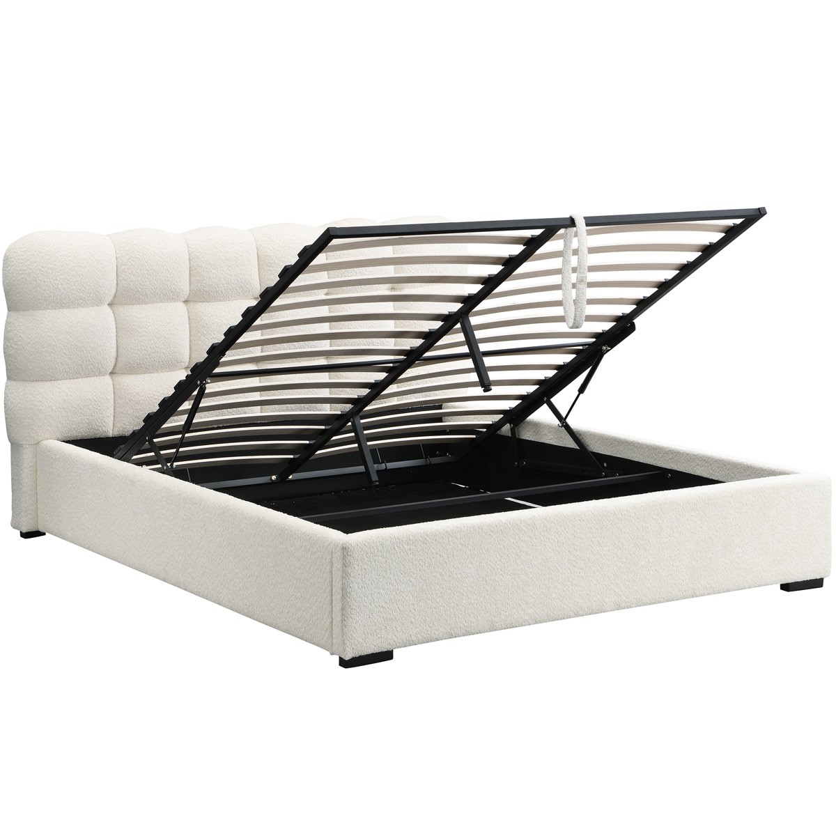 Lit coffre avec tête de lit en tissu bouclé - LOLA beige, HOMIFAB