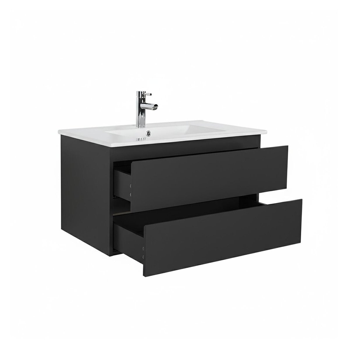 Meuble simple vasque 80cm décor chêne avec robinet et miroir SORRENTO noir satiné, MOB IN