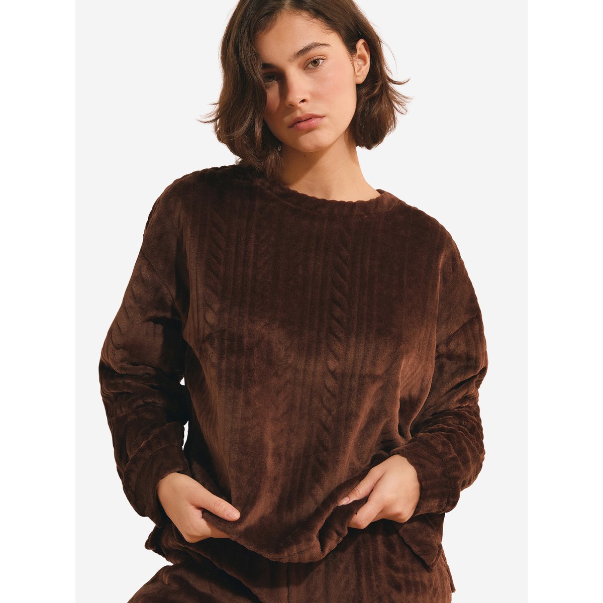 Pull col rond avec motifs tressés LORIANA taupe, ETAM