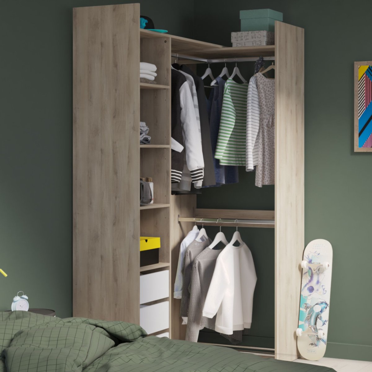 Dressing modulable avec étagères bois clair, TERRE DE NUIT