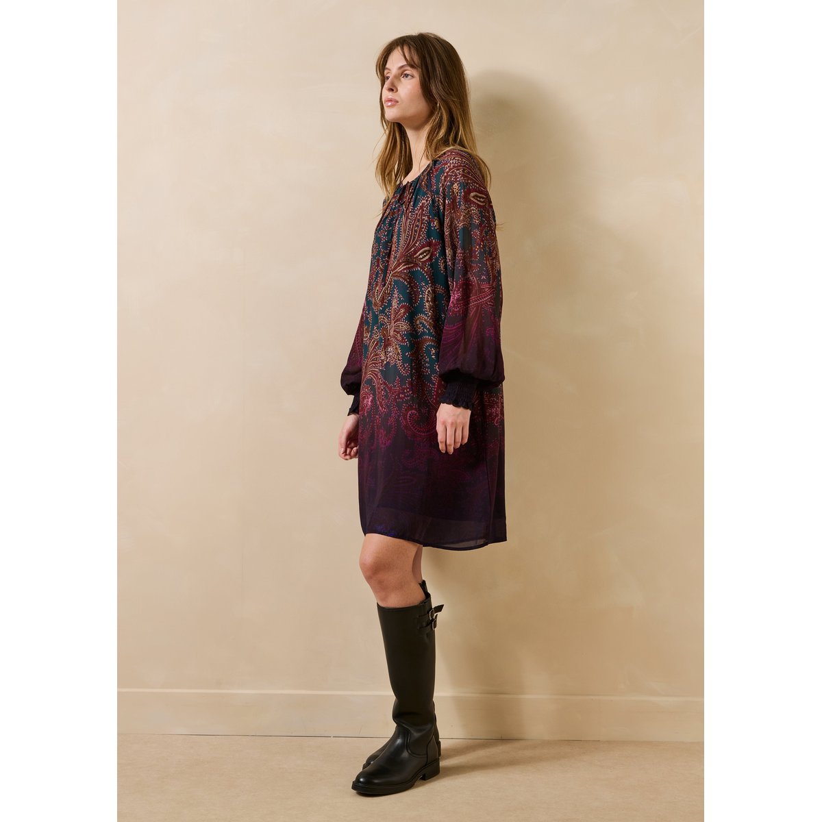 Robe courte à imprimé manches longues petrole, LA FEE MARABOUTEE