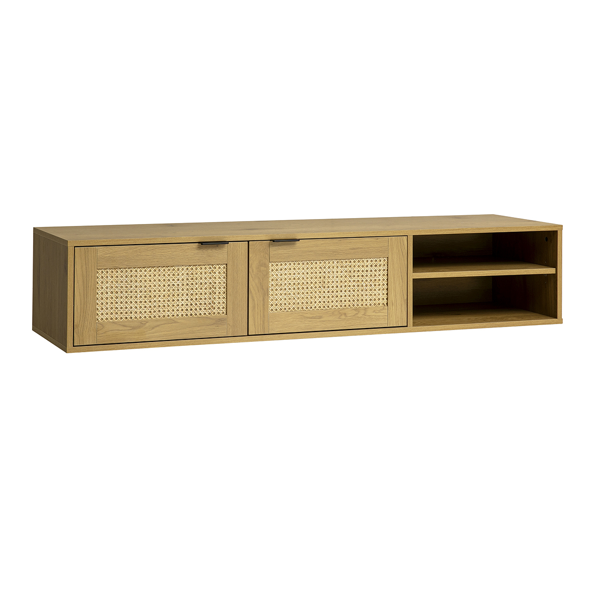 Meuble tv mural finition bois clair et cannage rotin 2 portes L150 cm MANILLE chêne clair, MILIBOO