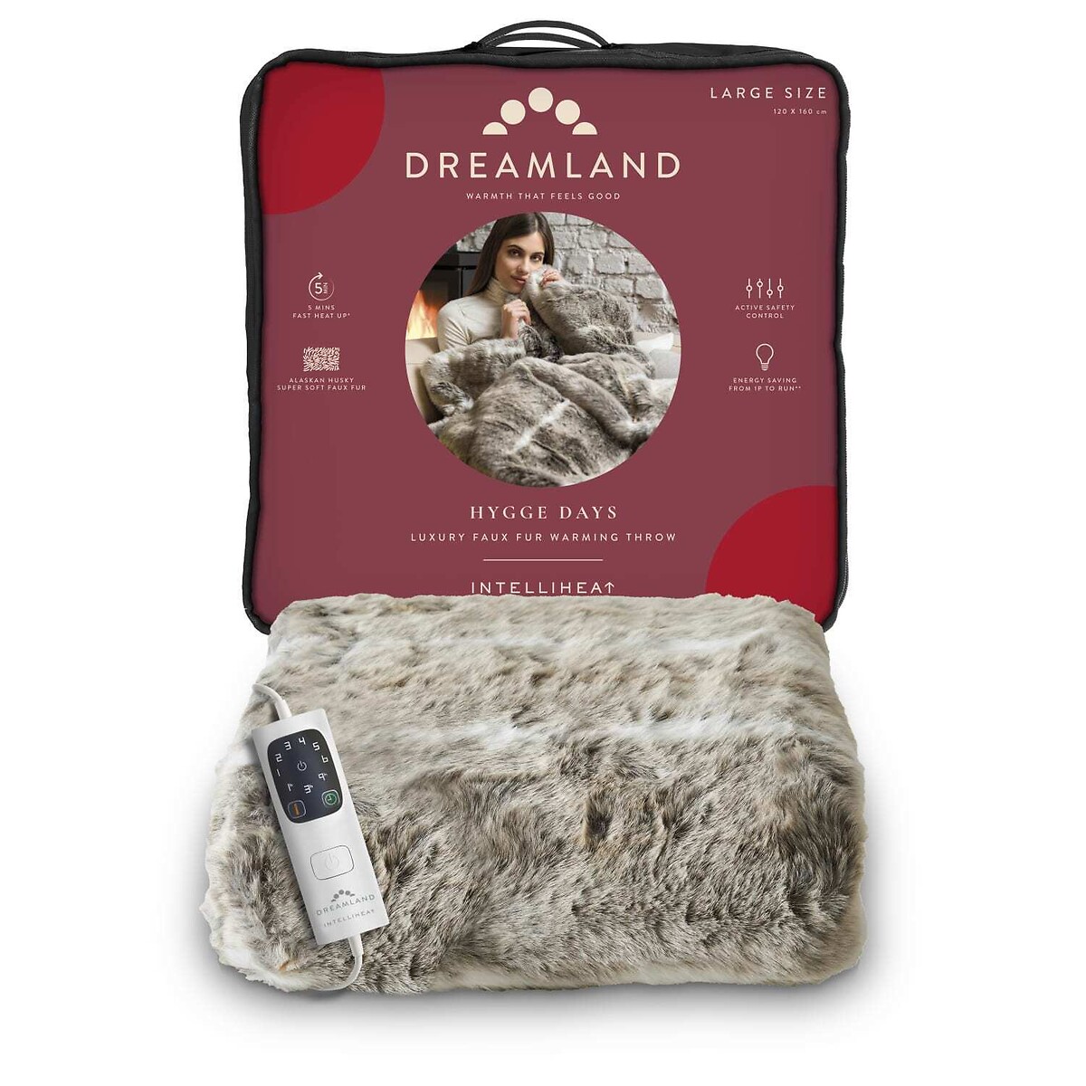 Intelliheat Faux Fur Heated Throw Alaskan Husky Print 120x160cm grey, DREAMLAND