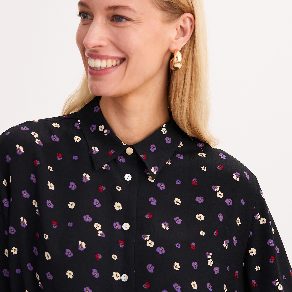 Hemd mit Blumenprint, langarm, aus Viskose schwarz geblümt, ANNE WEYBURN