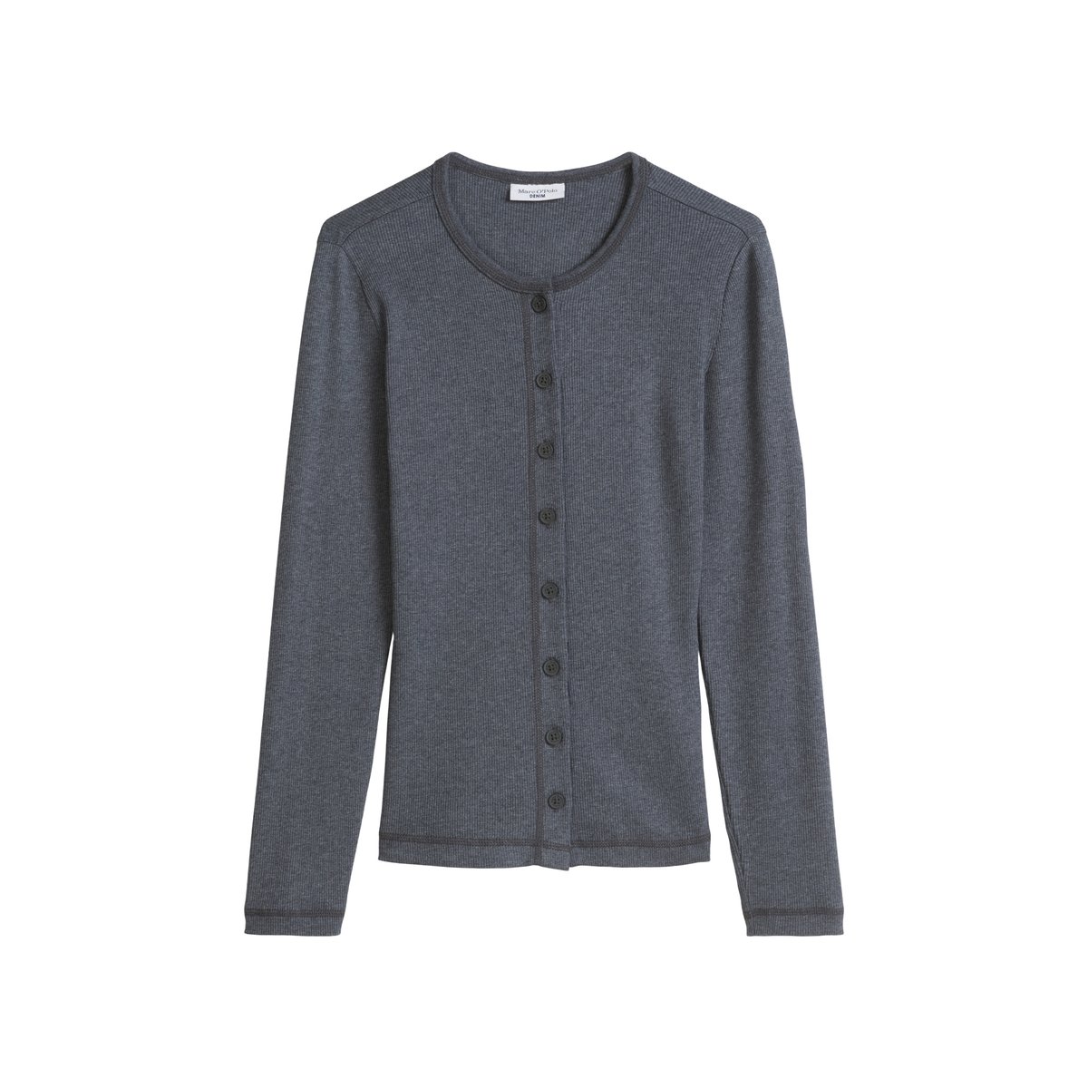 T-shirt long avec patte de boutonnage slim en jersey côtelé gris, MARC O’POLO DENIM