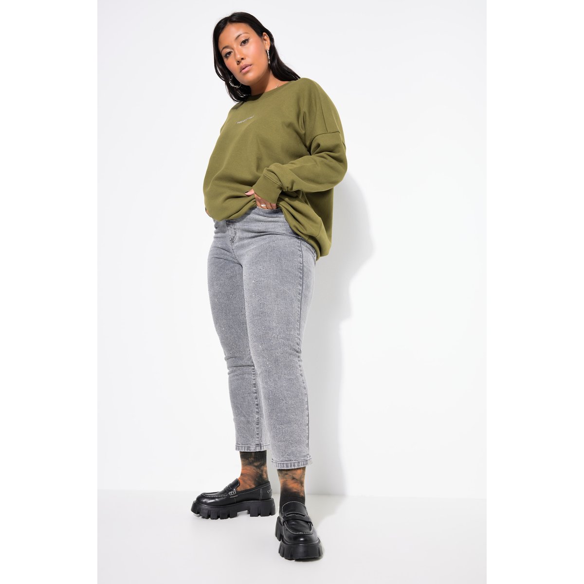 Jean mom à strass. Coupe Wide Legs 5 poches jean gris, STUDIO UNTOLD