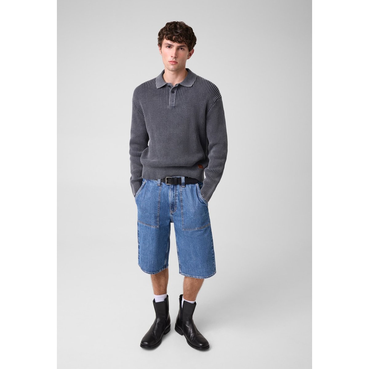 Polo En Maille Gaufrée bleu, GUESS JEANS