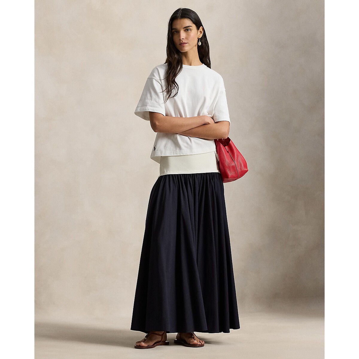 Jupe longue évasée à taille élastiquée marine, POLO RALPH LAUREN