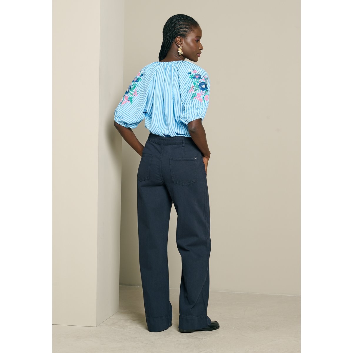 Pantalon large surpiqûres bleu marine, LOLALIZA