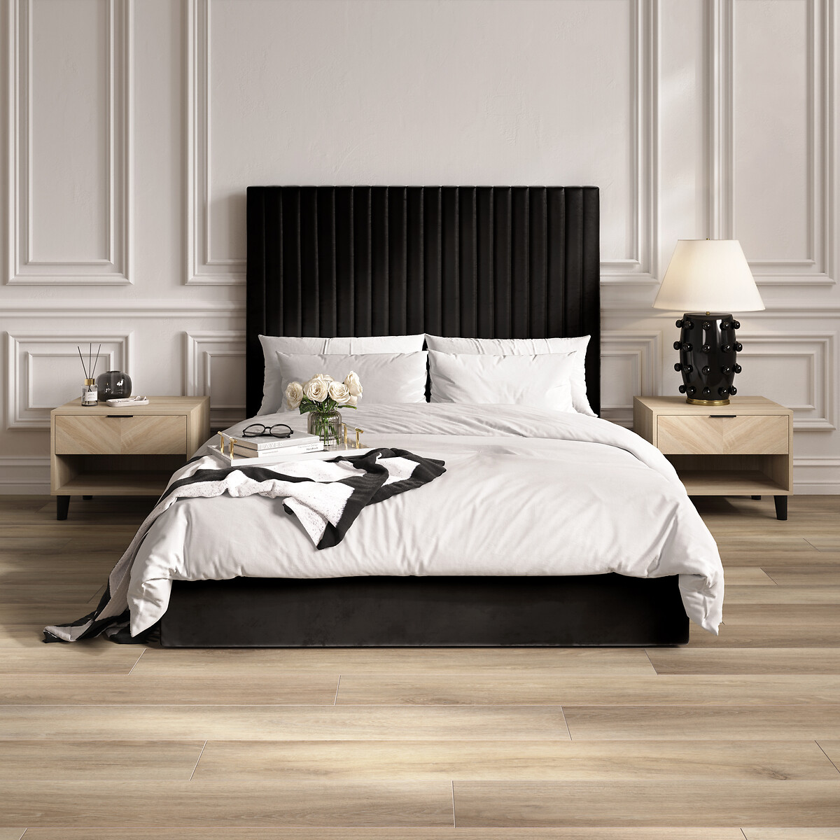Luciana Velvet Ottoman Storage Bed with Tall Fluted Headboard black, ÉDITÉ