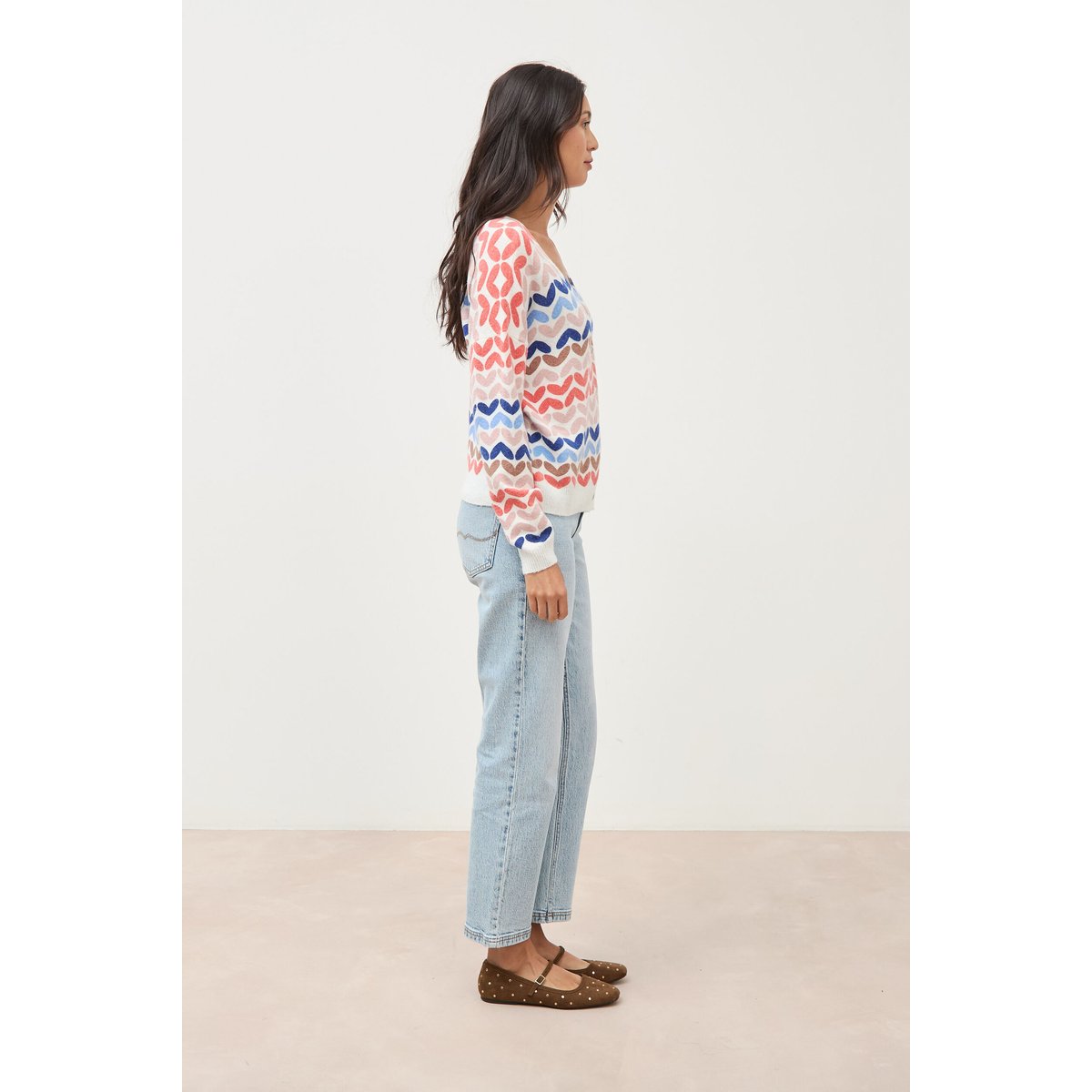 Pull droit col v manches longues multicolore, BONOBO