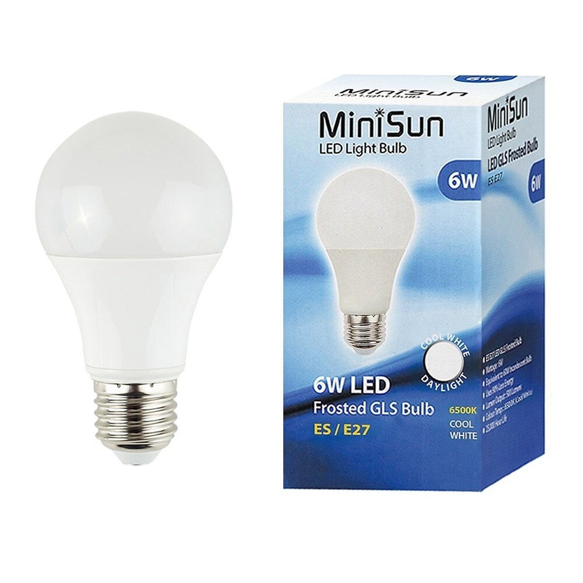 Set of 6 E27 6W LED SMD GLS Bulbs in Cool White transparent white, MINISUN