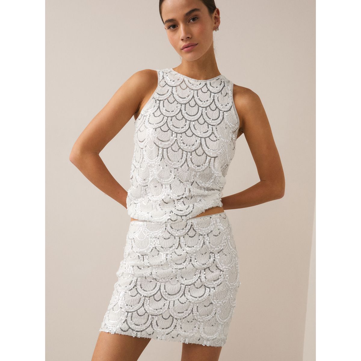 Jupe courte de mariée à sequins blanc/argent, NEXT