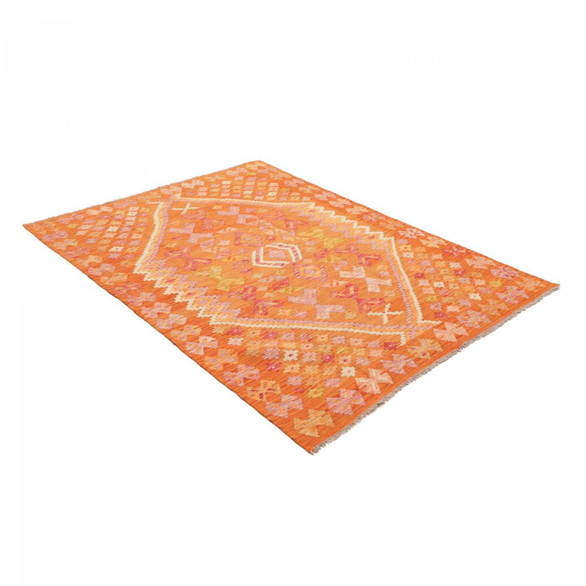 Tapis kilim au motif ethnique, tissé plat en laine naturelle orange, jaune, rose, UN AMOUR DE TAPIS