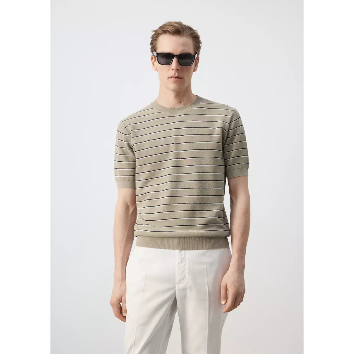T-shirt 100 % coton en maille à rayures beige, MANGO MAN
