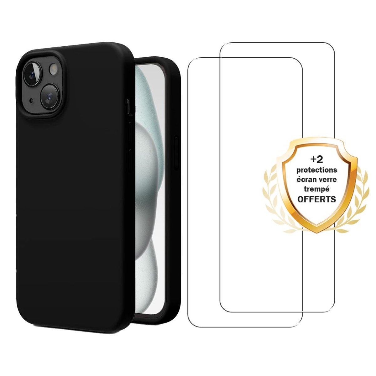 Coque iPhone 15 antichoc + 2 vitres noir, EVETANE