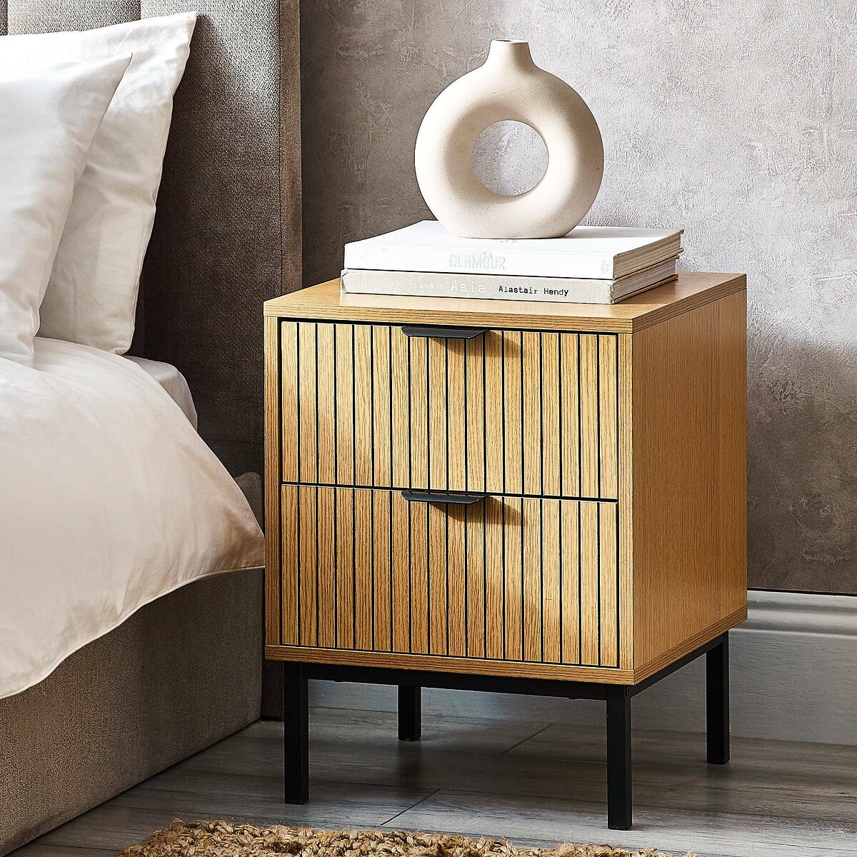Gia Slatted Oak 2 Drawer Bedside oak, SO'HOME