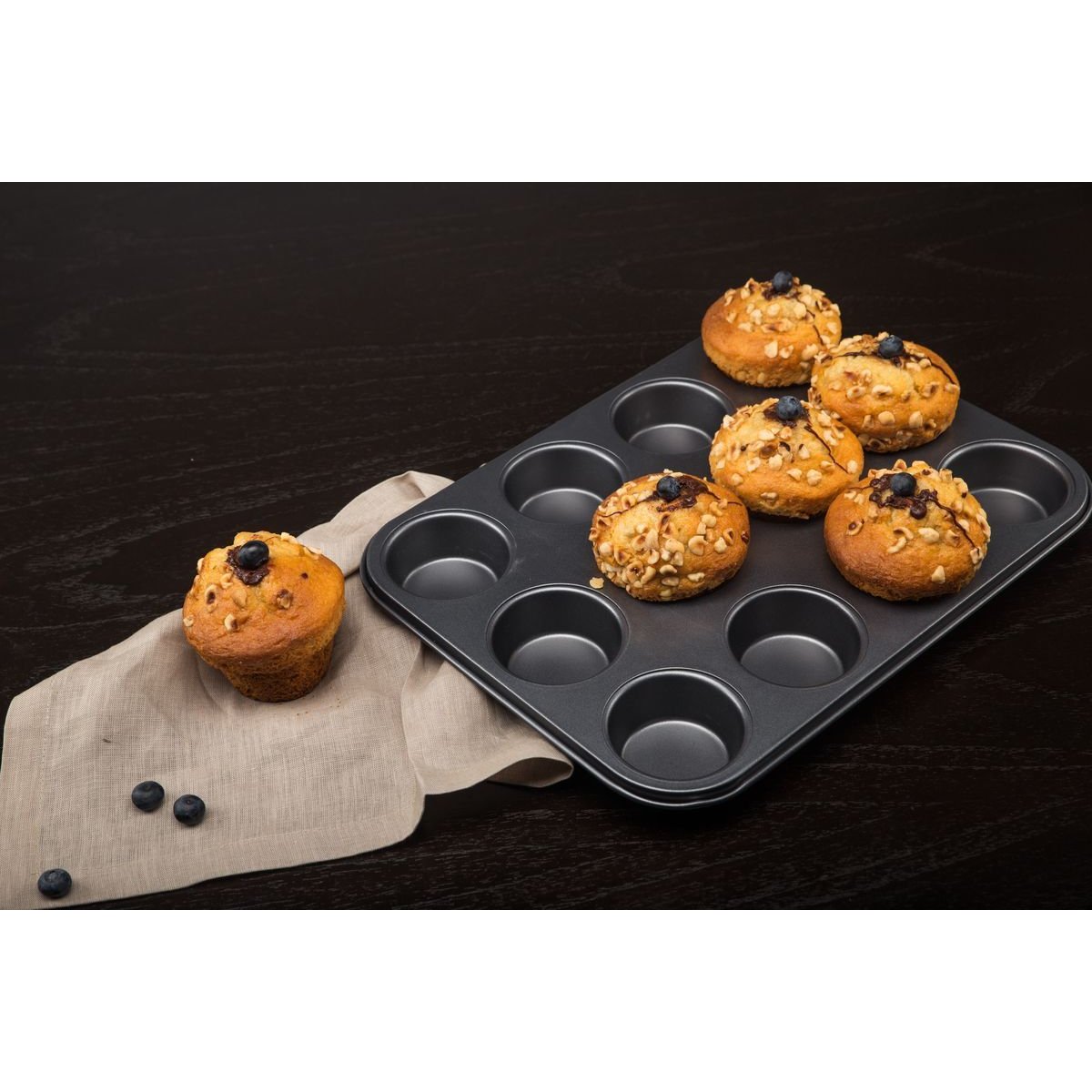 Plaque à 12 muffins en acier carbone, AMANDINE noir, MENASTYL