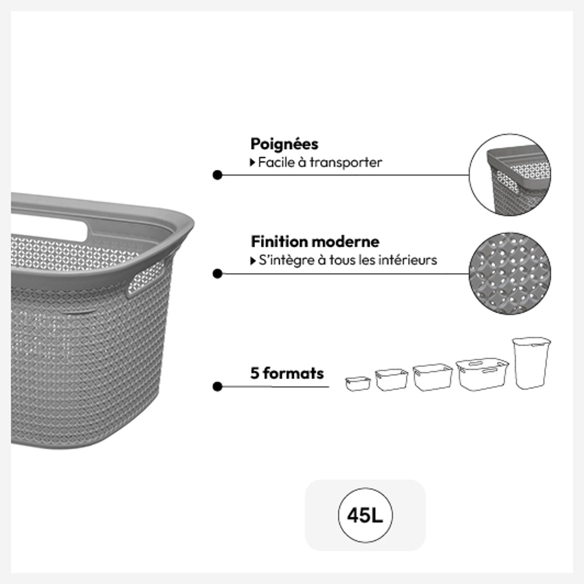 Corbeille à linge 45L avec poignées SCANDI gris, 5FIVE SIMPLY SMART