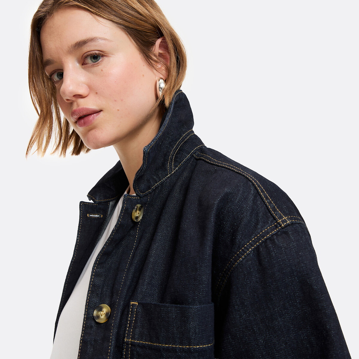 Lange, gerade geschnittene Jacke im Worker-Stil aus Denim dark blue, LA REDOUTE COLLECTIONS