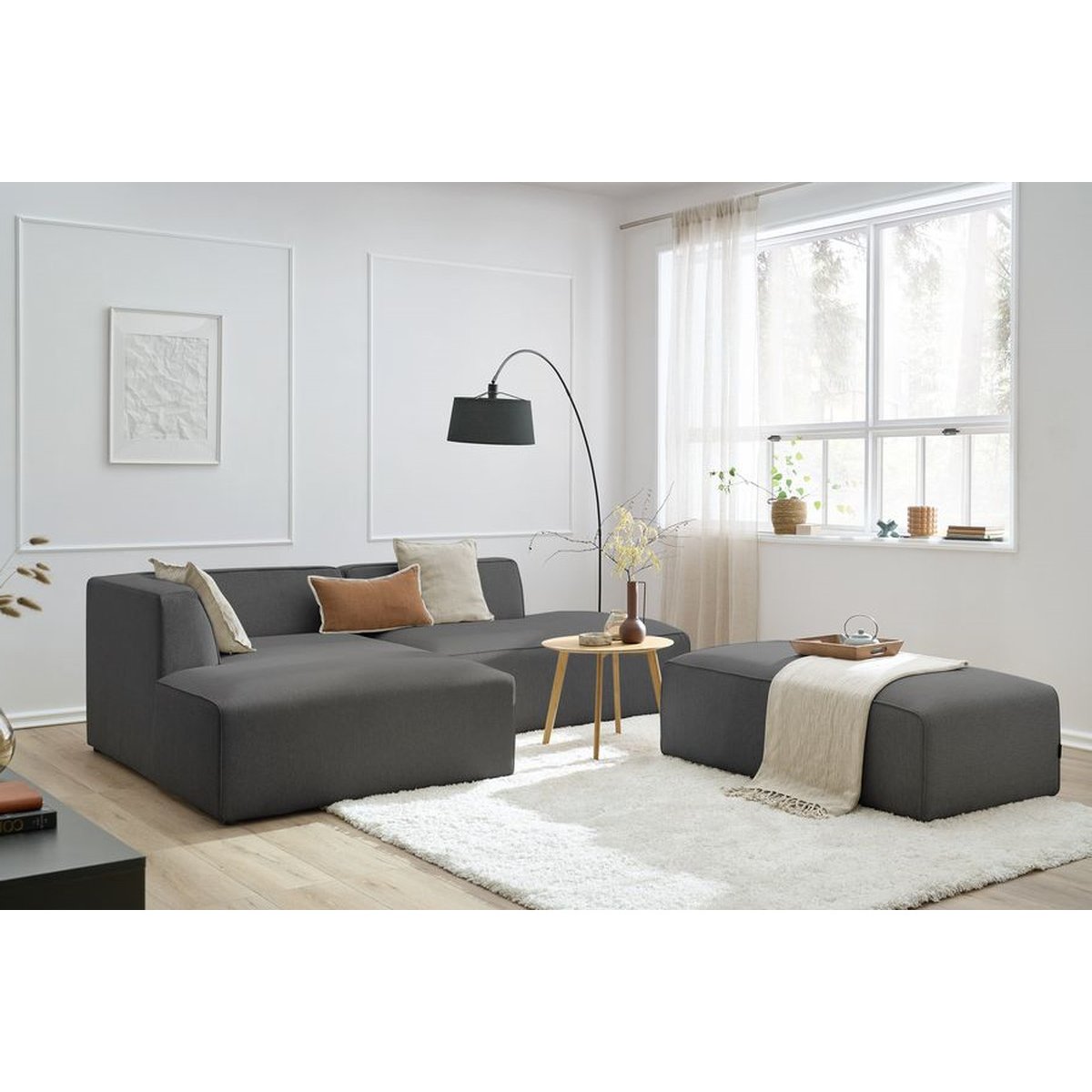 Canapé modulable 5 places en tissu chiné avec pouf, MEGEVE gris foncé, BOBOCHIC