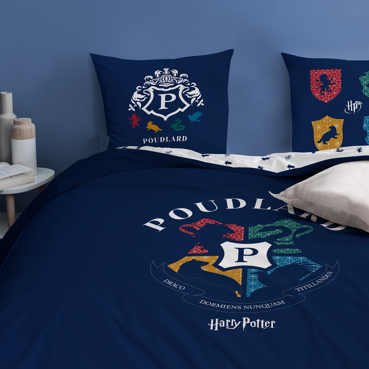 Parure de lit imprimée 100% coton, BLASON bleu marine, HARRY POTTER