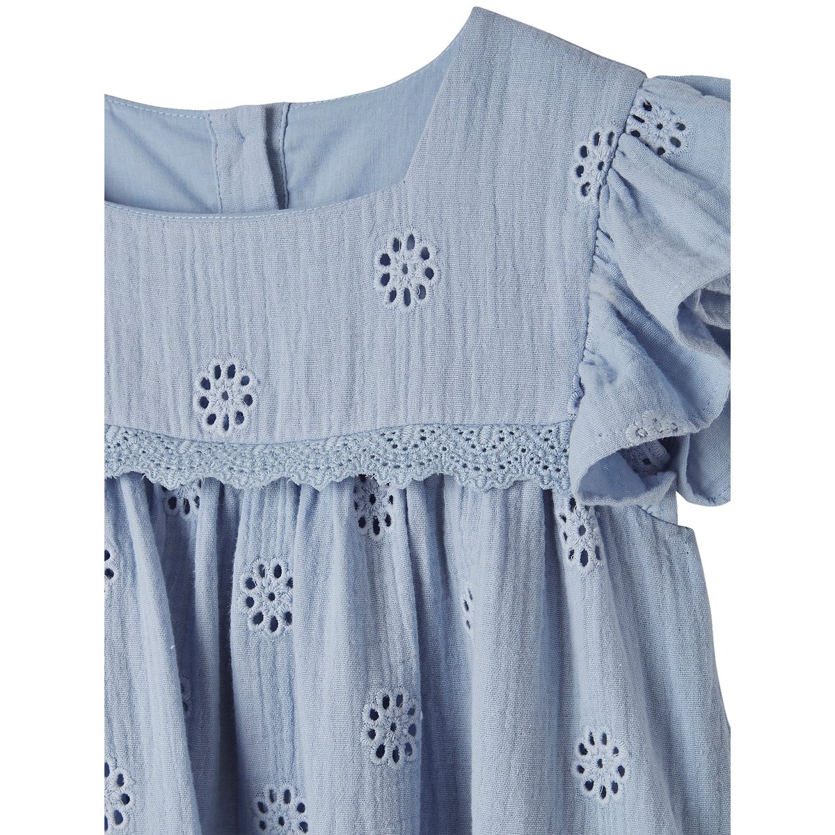 Robe cérémonie brodée fleurs en gaze de coton bleu pâle, VERTBAUDET