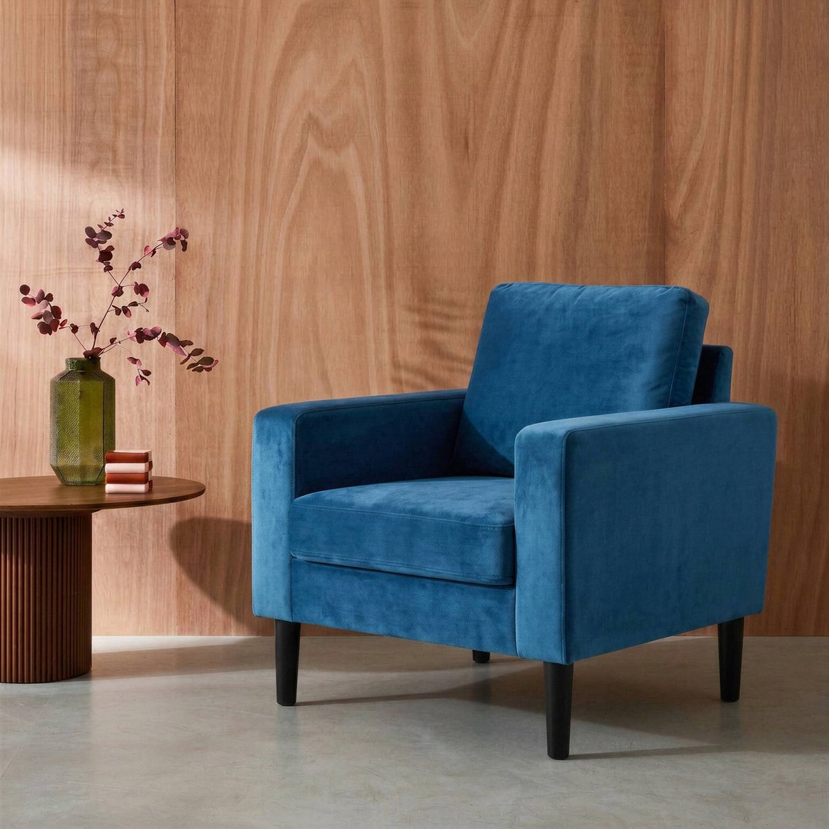 Fauteuil vintage bois d'hévéa velours BJORN vert anglais, SWEEEK