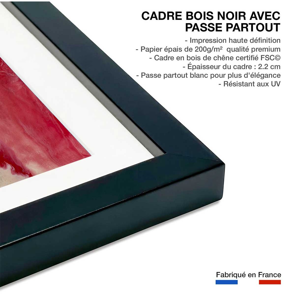 Poster vanille fraise affiche + cadre en bois - noir, HEXOA