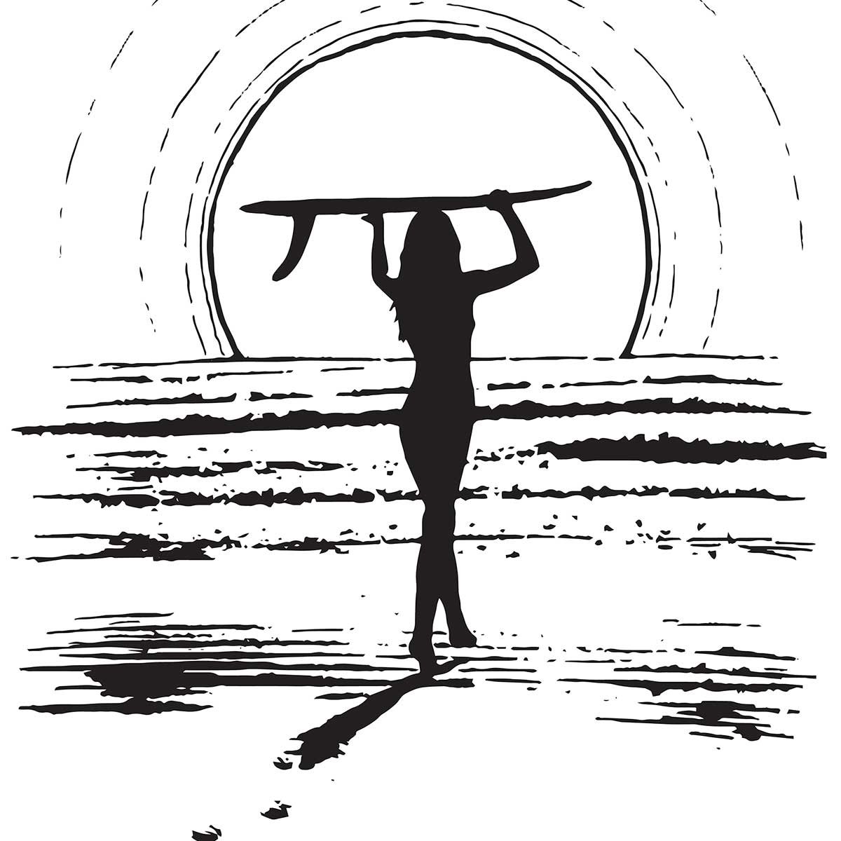 Poster surfeuse sunset affiche + cadre en bois - noir, HEXOA