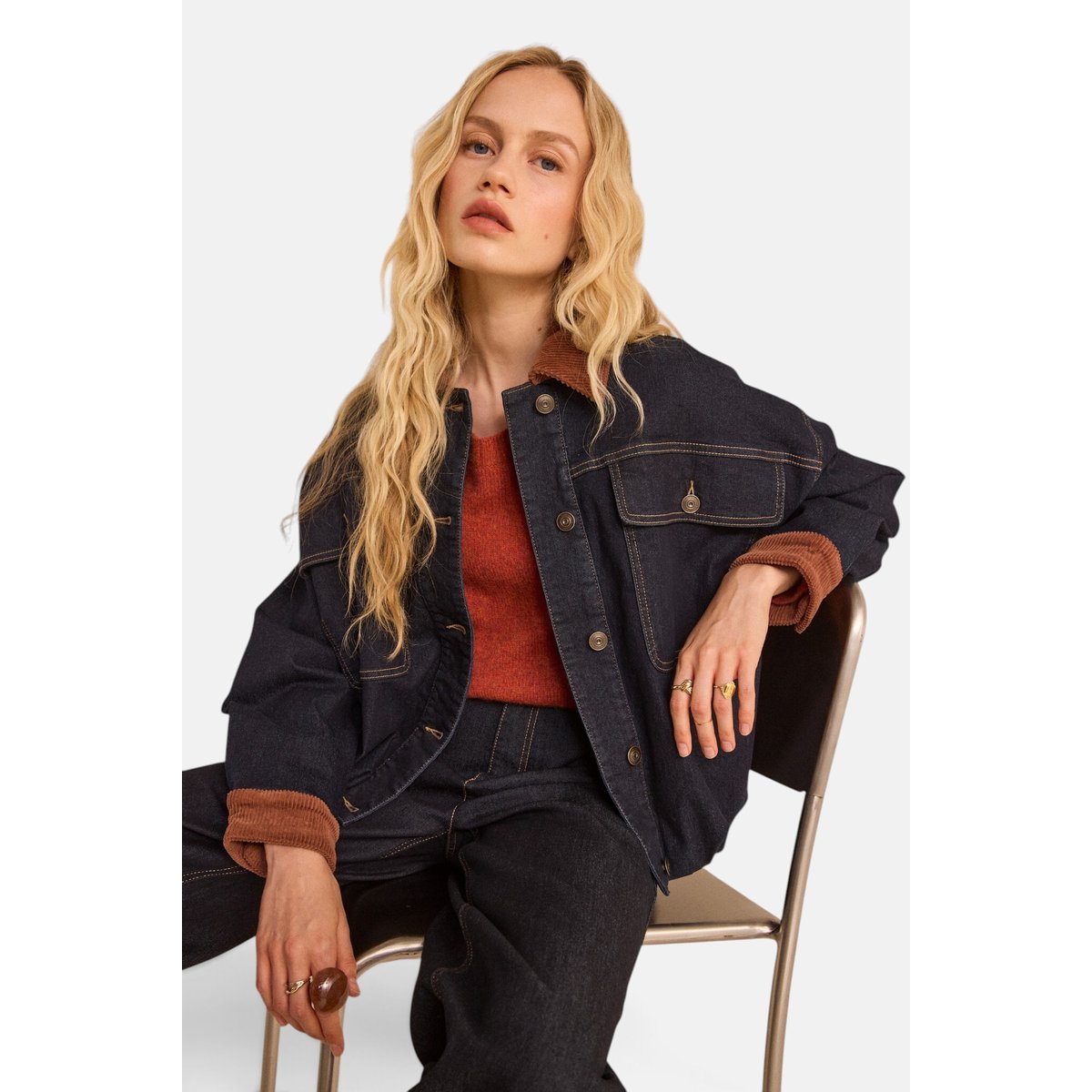Blouson denim et velours en coton mélangé BOB rinse, Maison 123