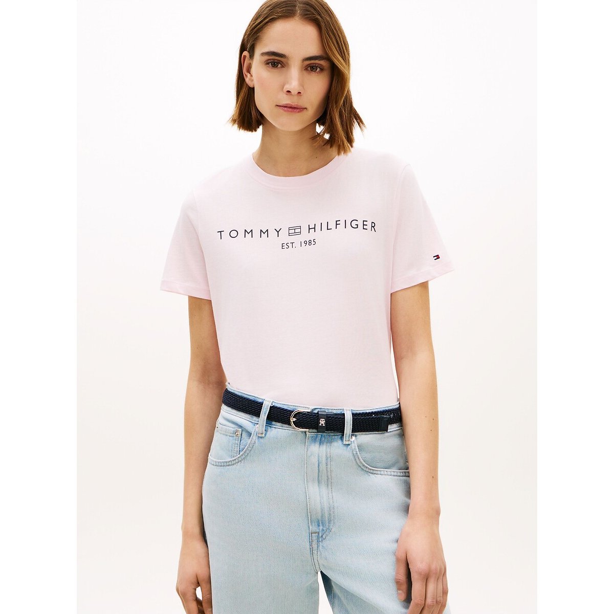 T-shirt col rond à manches courtes avec logo rose clair, TOMMY HILFIGER