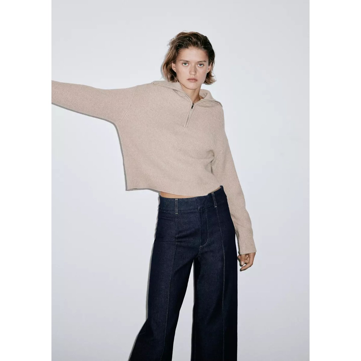 Jean large taille haute à coutures bleu, MANGO