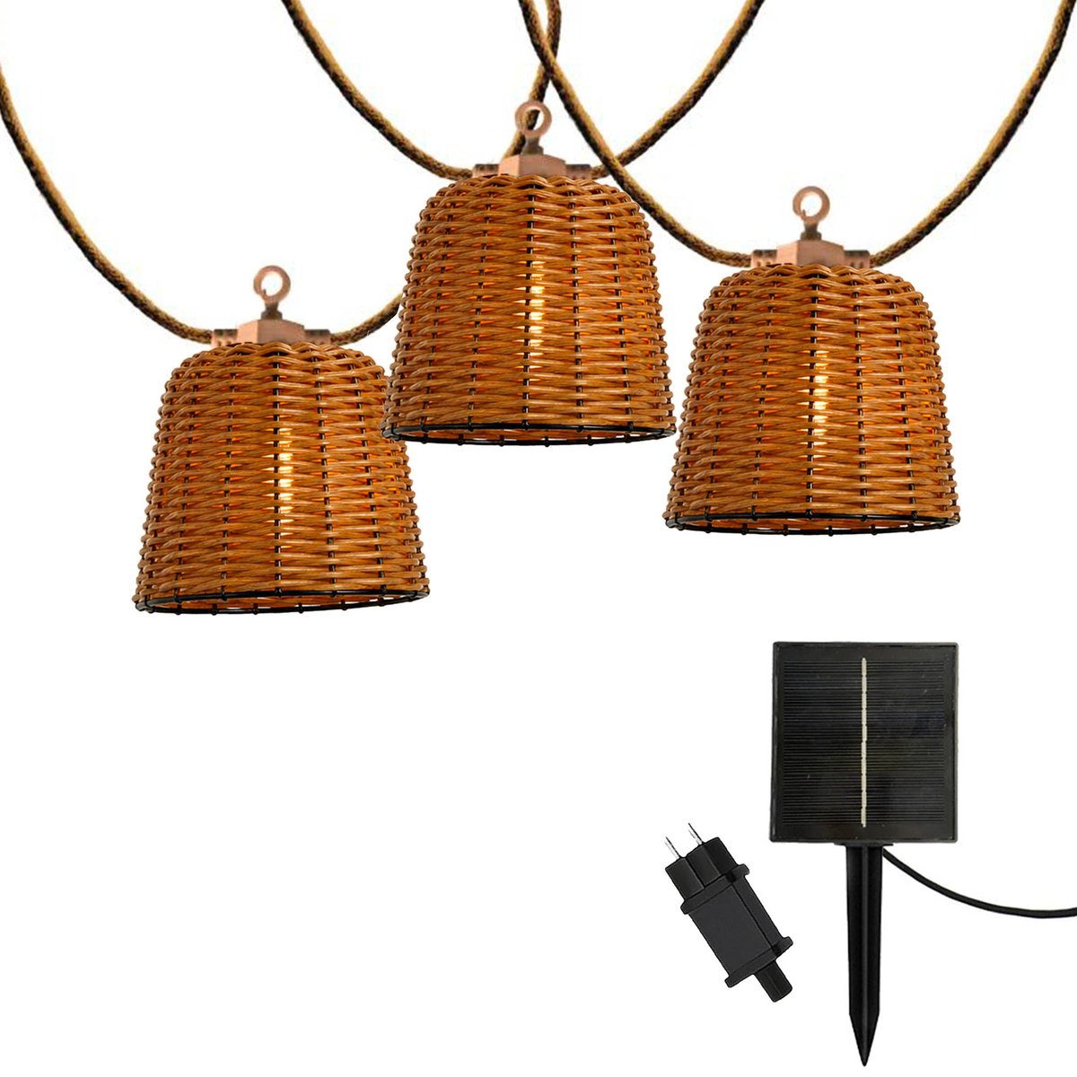 Guirlande lumineuse extérieur raccordable 10 abat-jour en poly rotin FORMENTERA BIG HYBRID blanc chaud 8m solaire et sur secteur marron, LUMISKY
