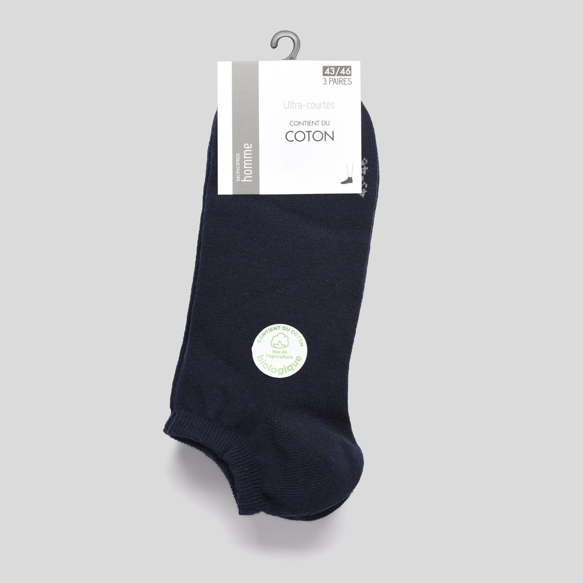 Lot de 3 paires de chaussettes ultra-courtes en jersey marine, MONOPRIX