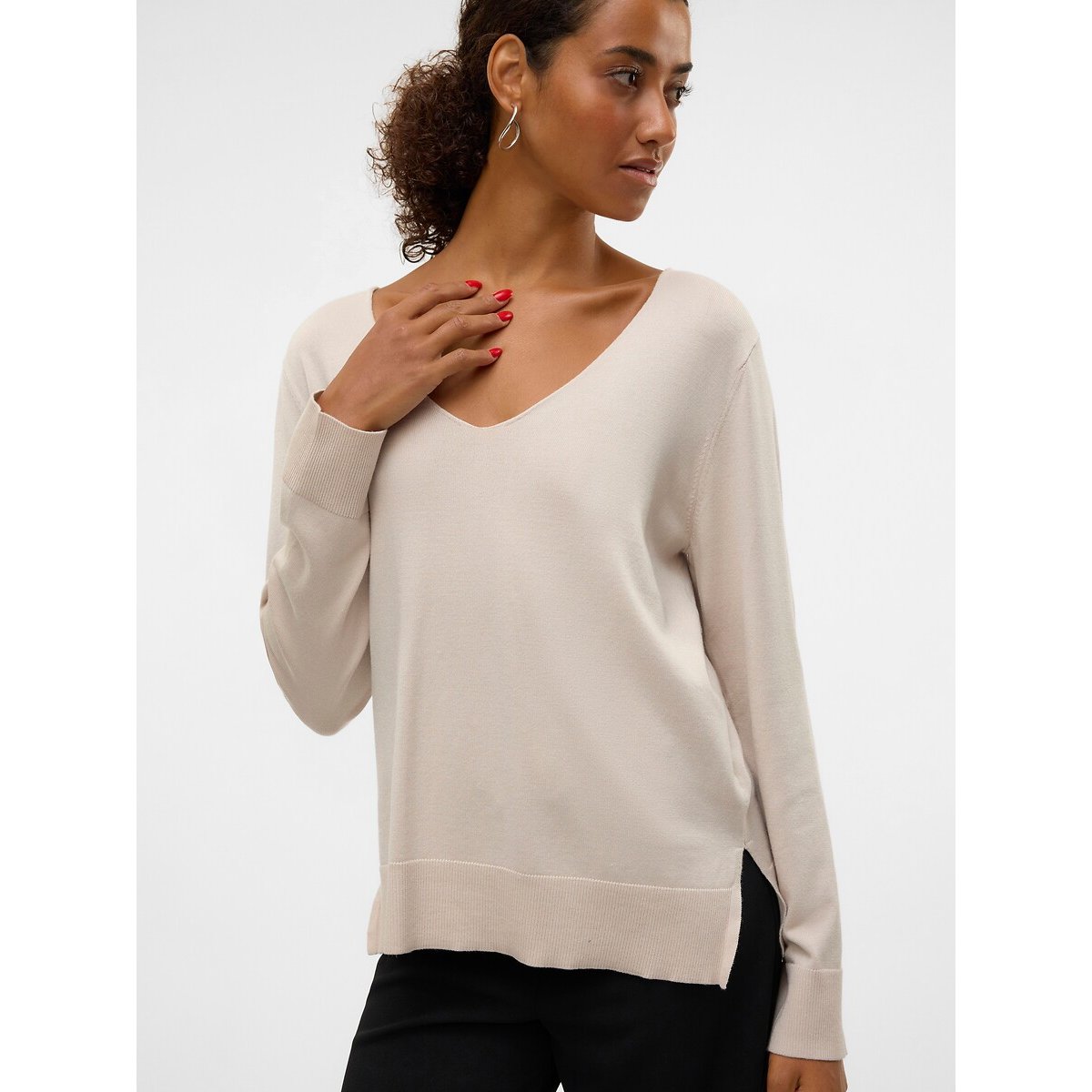 Pull en fine maille, col V beige, VERO MODA
