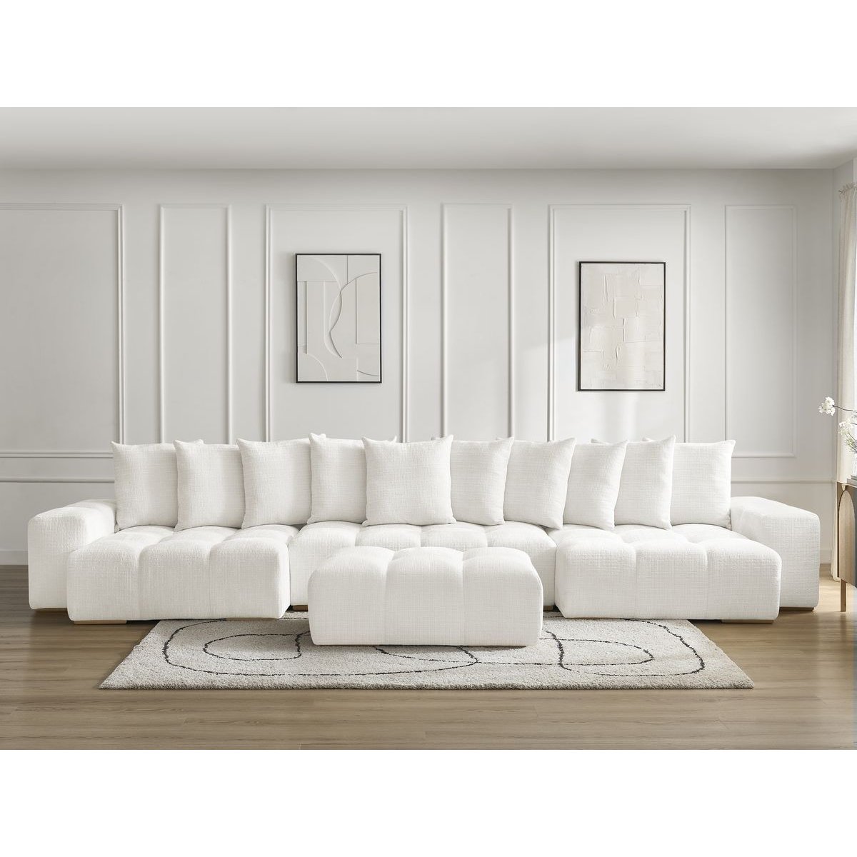 Canapé panoramique convertible 6 places en tissu texturé avec pouf, ANAKIN blanc, BOBOCHIC