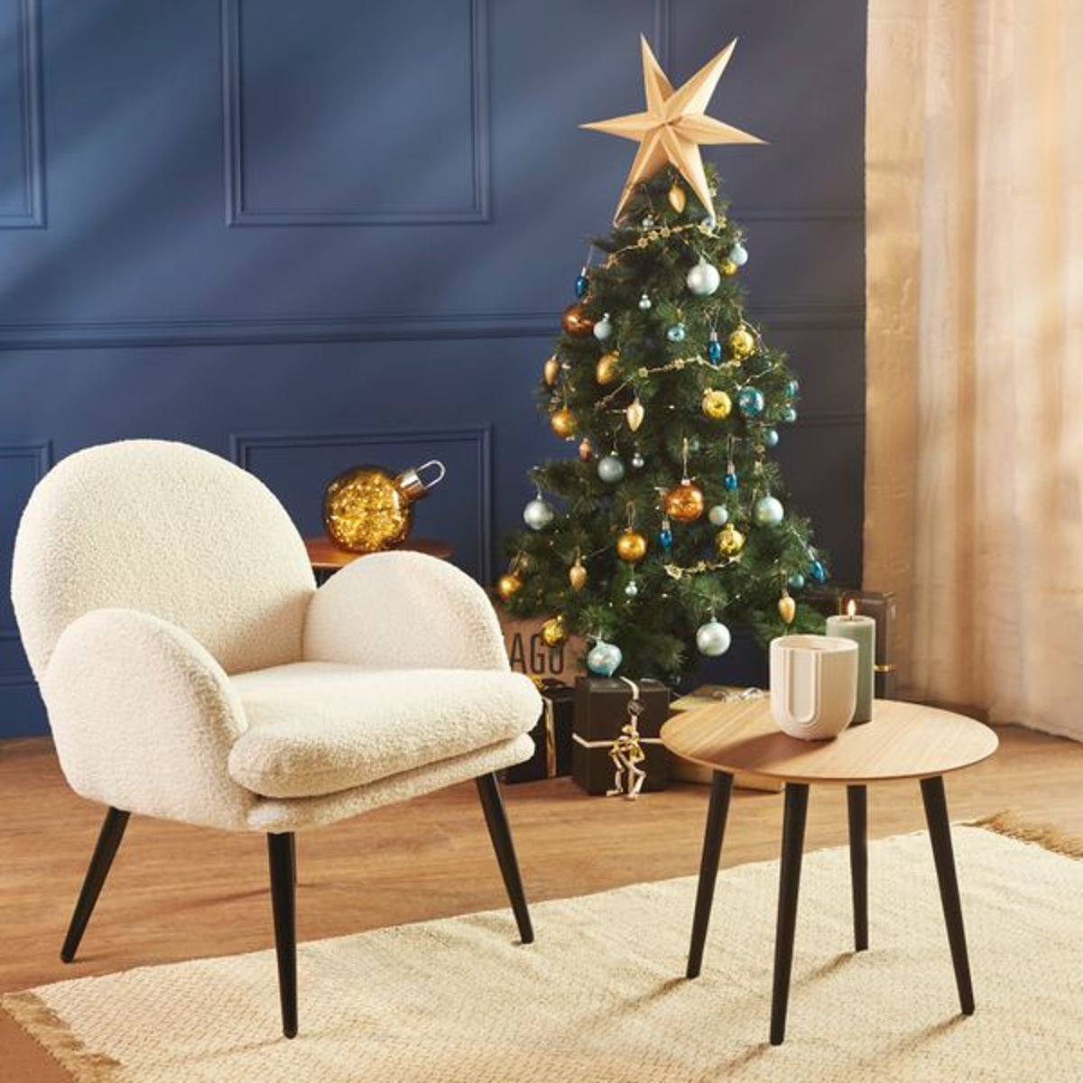 Fauteuil tissu effet laine bouclette blanc, ZAGO