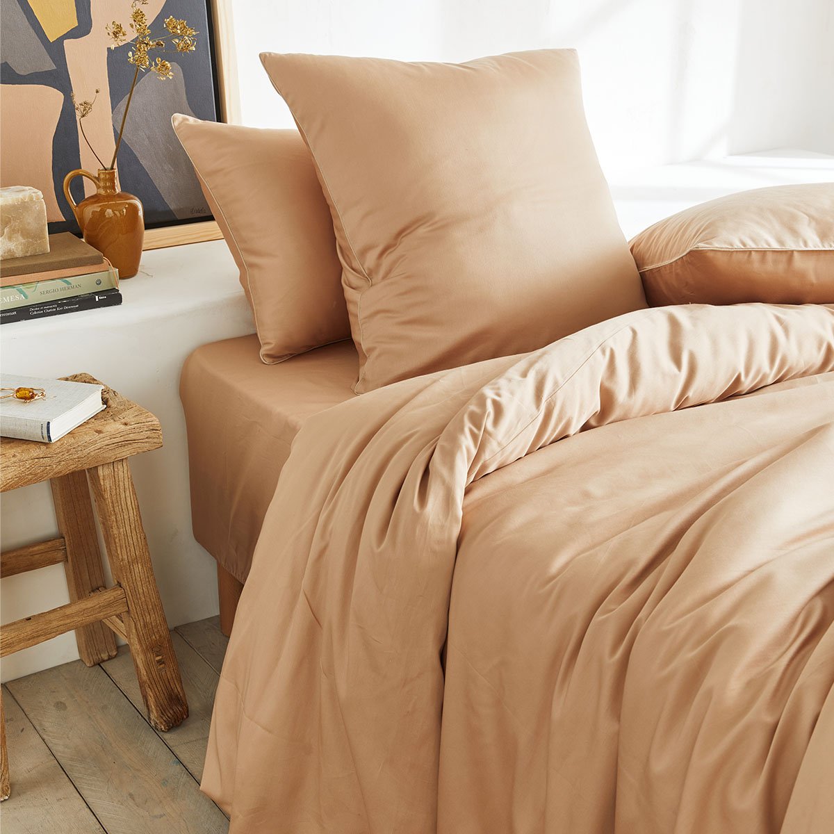 Drap housse uni en satin de coton, HEURE DORÉE beige, A DEMAIN