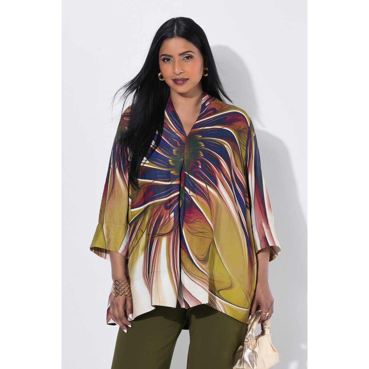 Blouse en satin motif feuilles prune foncé, ULLA POPKEN