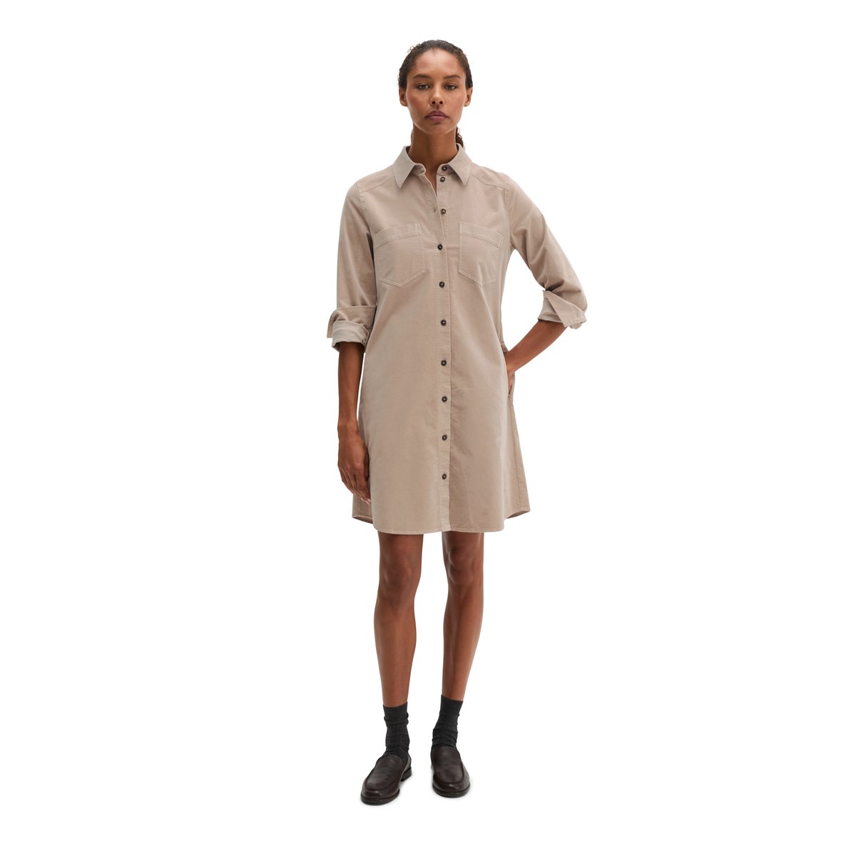 Robe chemise en velours, coupe régulière en coton bio extensible beige, MARC O'POLO