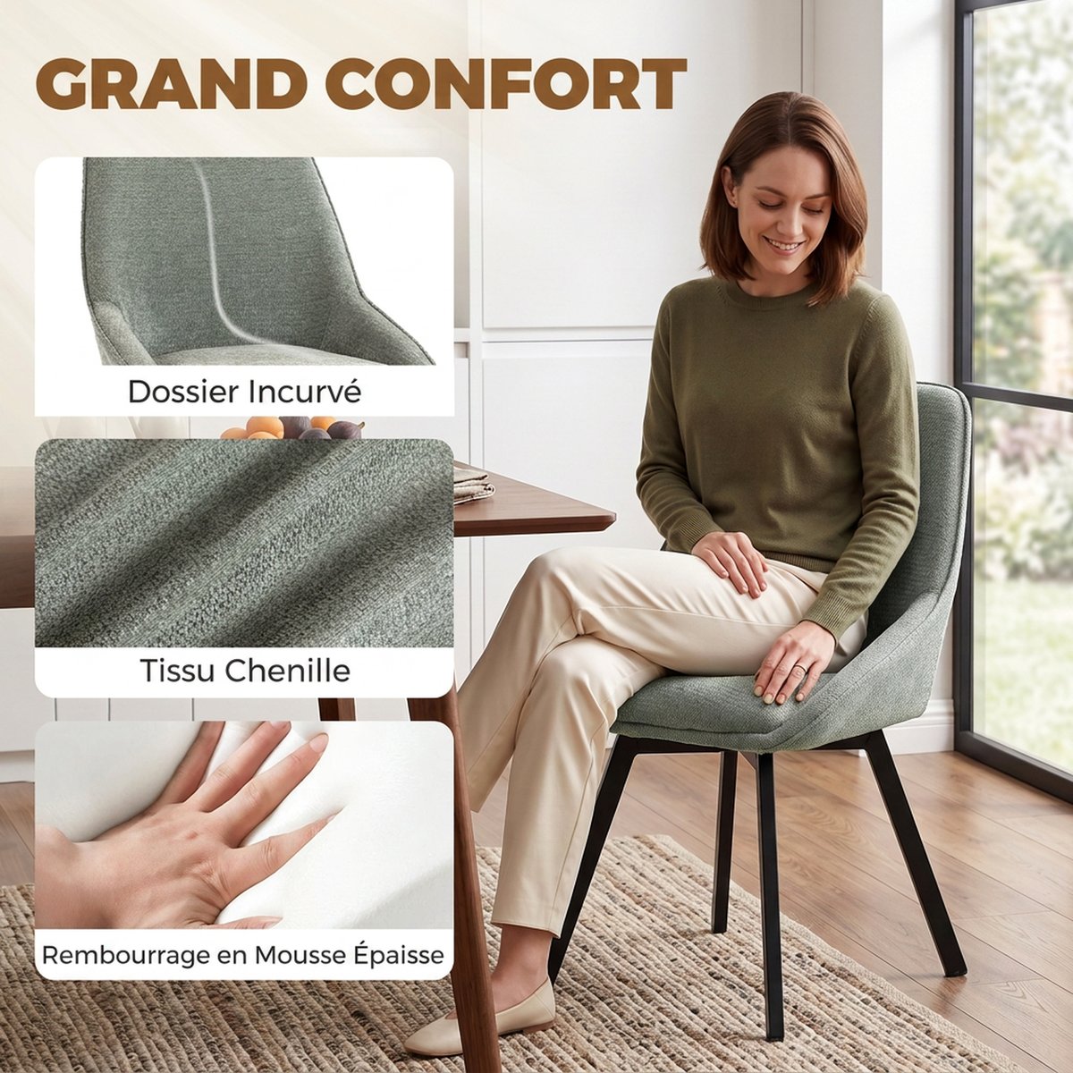Chaise de salle à manger Tissu chenille (100 vert clair, HOMCOM