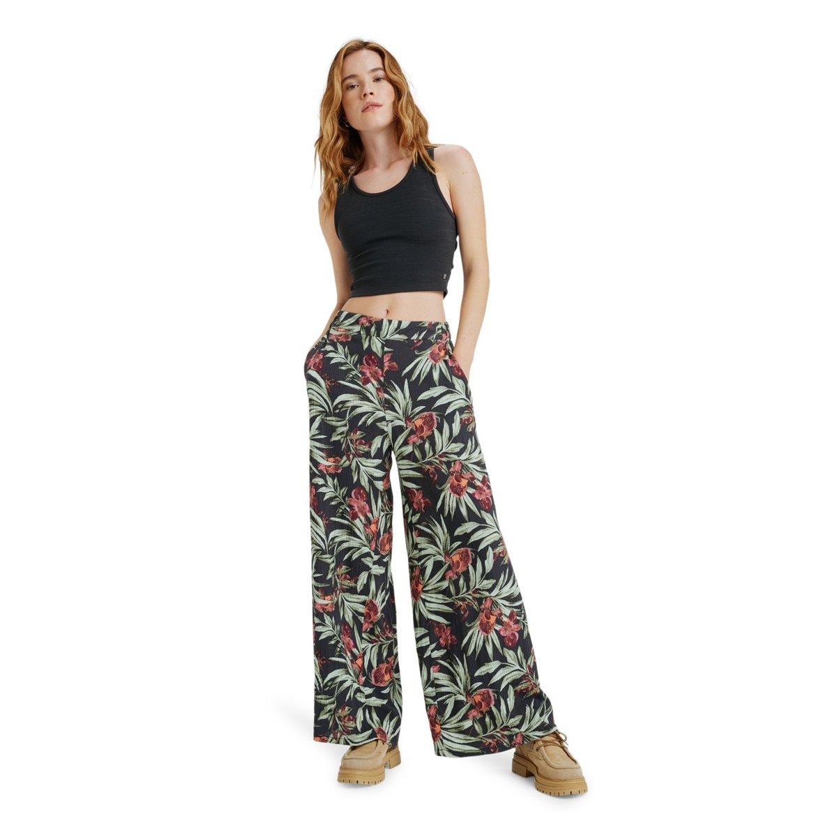 Pantalon de longueur régulière MIDNIGHT AVENUE CRINKLE. noir phantom wind swept floral crin, ROXY