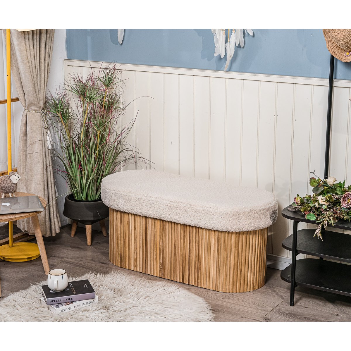 Banc avec rangement, bouclette, BAOTSU blanc cassé, NORDLYS