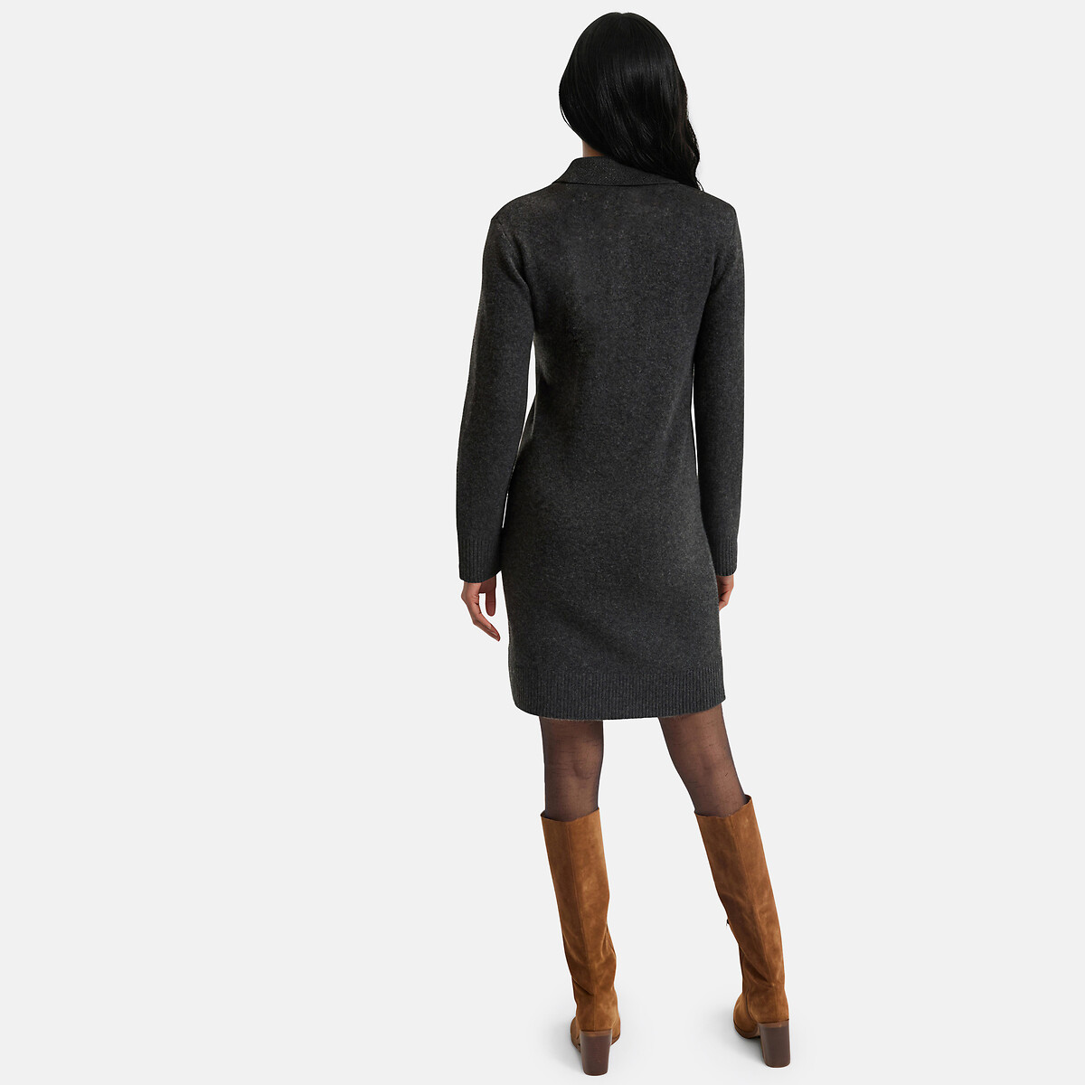 Robe en tricot courte, à col polo, manches longues gris chiné foncé, LA REDOUTE COLLECTIONS