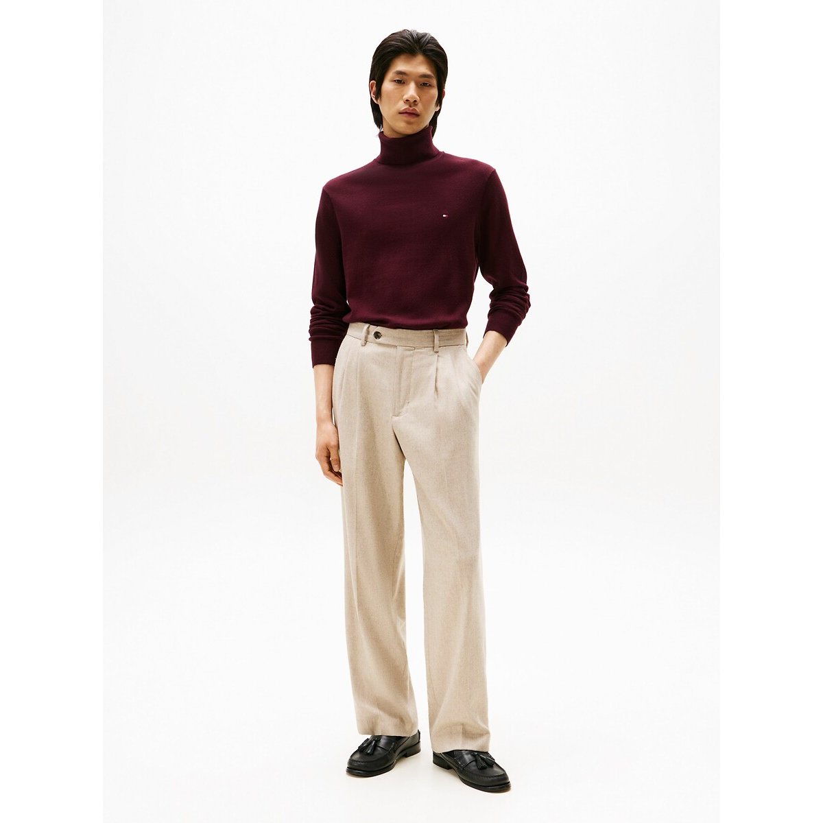 Camisola de gola alta em algodão pima e caxemira vermelho escuro, TOMMY HILFIGER