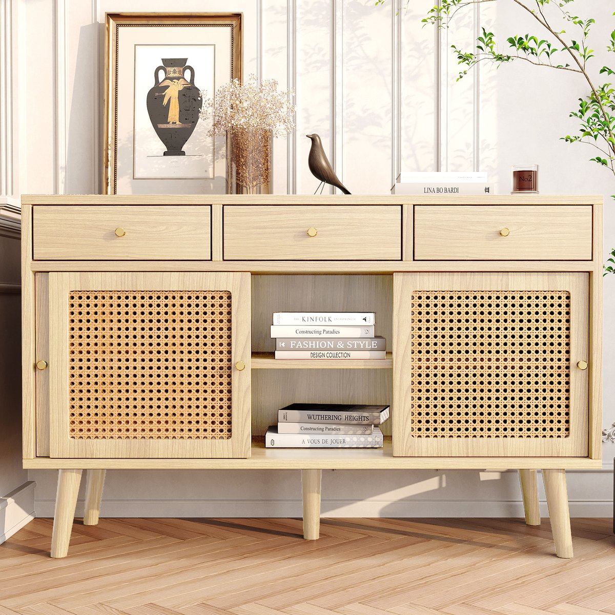 Armoire de rangement avec 3 portes et 3 tiroirs imitation chêne scandinave, DAVEA chêne, MEUBLES COSY